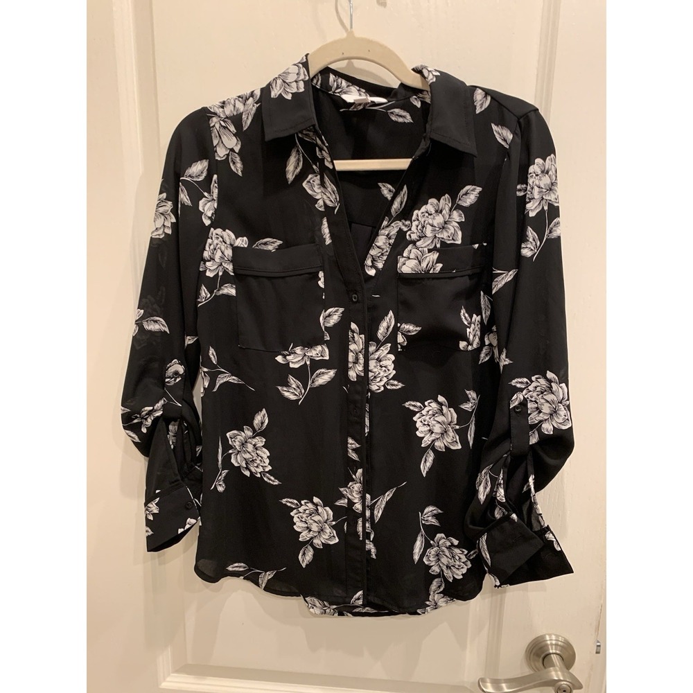 Candies Black Floral Print Button Up Long Sleeve Blouse Shirt Womens S Office
